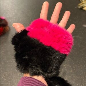 Fur Black and Hot Pink Winter Fingerless Gloves